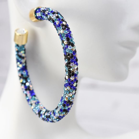 2.5" Blue Tones Pave Wrap Rhinestone Hoop Earrings - Picture 5 of 6